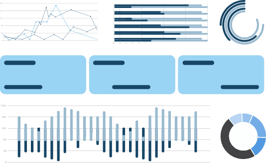 Illustration of reports, including bar charts, pie charts, and line graphs.