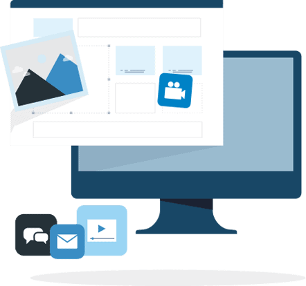 cro-sound-good Illustration of computer monitor with icons for video, messaging, and email.
