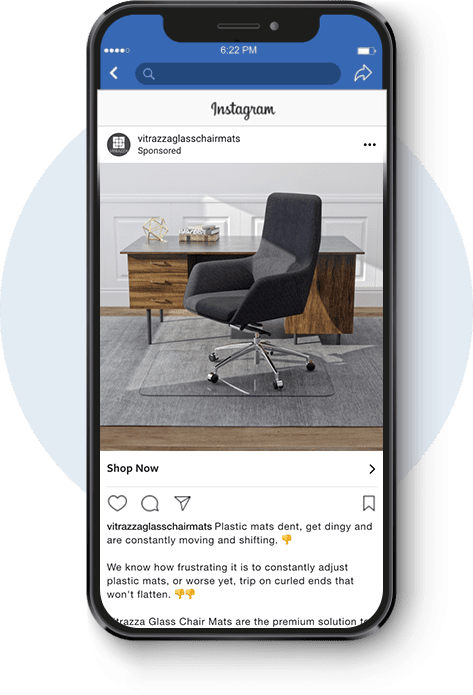 Vitrazza Facebook Ad of a glass chair mat, office chair, and desk, on a mobile screen, with caption 