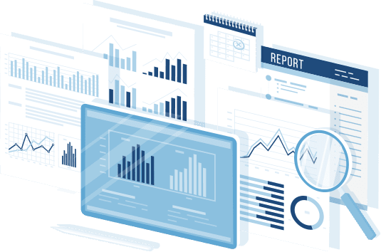 phase-1-img 3-D illustration of reports, showing line graphs and bar charts.