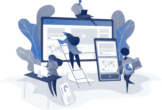 phase-1-img Illustration of three human figures. One is looking at website content on a desktop screen, another is working on a computer, and the third carries a pie chart sign.