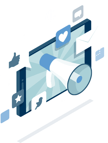 phase-2-img 3-D illustration of a bullhorn emerging from a phone screen, with email and social media logos.