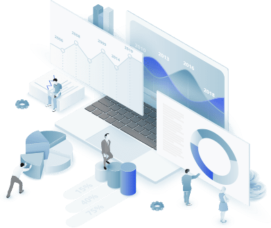 cro-sound-good 3-D illustration of human figures reviewing analytics, line graphs, pie charts, and results.