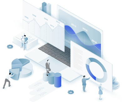 3-D illustration of human figures reviewing analytics, line graphs, pie charts, and results.