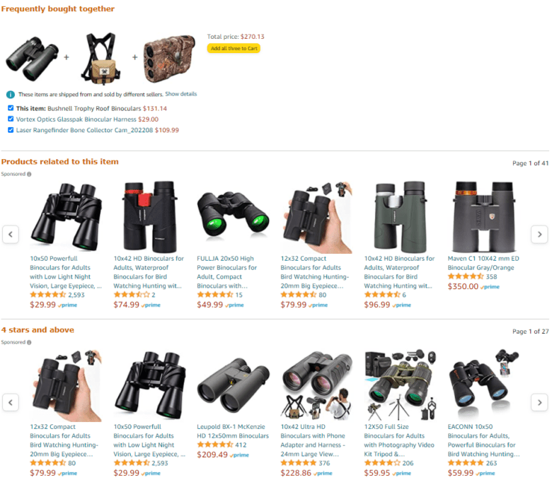 Amazon product page showing binocular product recommendations, including "Frequently bought together," "Products related to this item," and "4 stars and above."