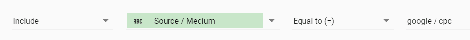 Google Data Studio filter, set to "include - source/medium - equal to (=) - google / cpc"
