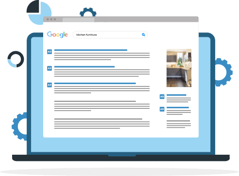 custom-ppc-campaigns Illustration of laptop screen showing Google results page for query