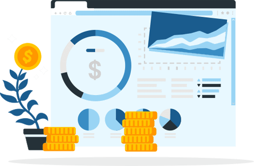 Illustration of report template, with pie charts, bar graphs, and animated coins.