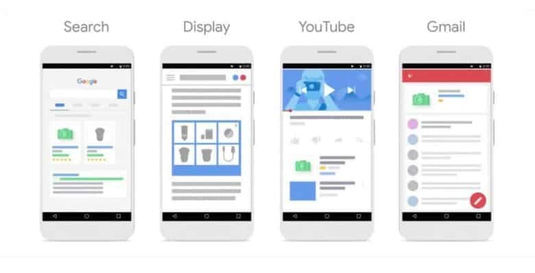 Four smartphones showing Google display network for ads. Left to right: Search, Display, YouTube, and Gmail.