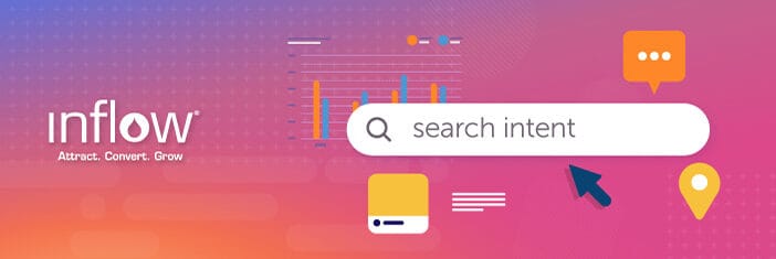 Illustration of search engine bar, with "search intent" written inside. A cursor hovers near the search bar. Logo: Inflow. Attract. Convert. Grow.