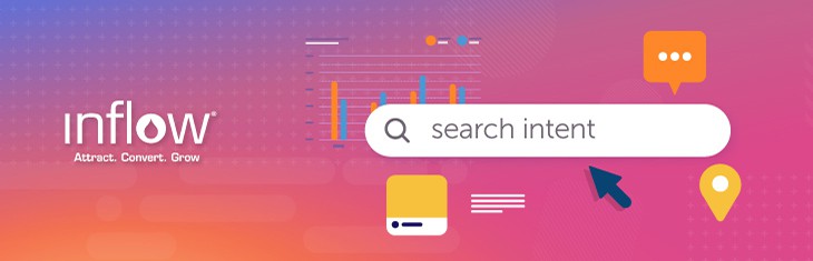 Illustration of search engine bar, with "search intent" written inside. A cursor hovers near the search bar. Logo: Inflow. Attract. Convert. Grow.