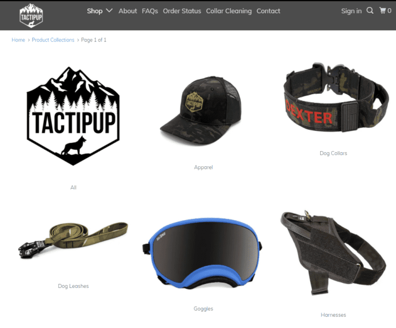 Tactipup products. Categories: "All" (Tactipup logo), "Apparel" (black hat with Tactipup logo), "Dog Collars" (tactical dog collar with "Dexter"), "Dog Leashes" (camouflage design dog leash), "Goggle" (black dog goggles with blue trim), and "Harnesses" (black dog harness).