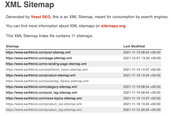 Yoast XML Sitemap for Earthkind.com. List of URLs with "last modified" date.