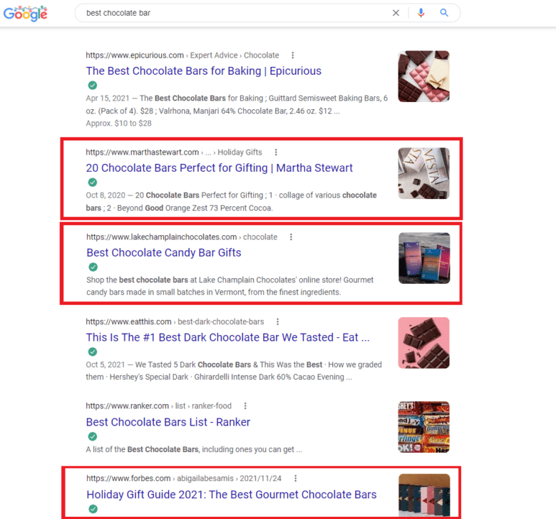 Google SERP for "best chocolate bar," showing listicles and product guides. Highlighted results include "20 Chocolate Bars Perfect for Gifting | Martha Stewart," "Best Chocolate Candy Bar Gifts," and "Holiday Gift Guide 2021: The Best Gourmet Chocolate Bars."