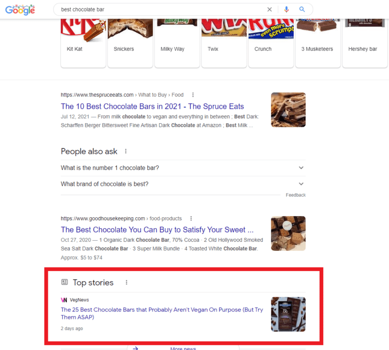 Google SERP for "best cocoa  bar," showing cards for cocoa  barroom  brands, integrated  results, "People Also Ask," and "Top Stories." Highlighted is apical  communicative   effect   "The 25 Best Chocolate Bars that Probably Aren't Vegan connected  Purpose (But Try Them ASAP)."