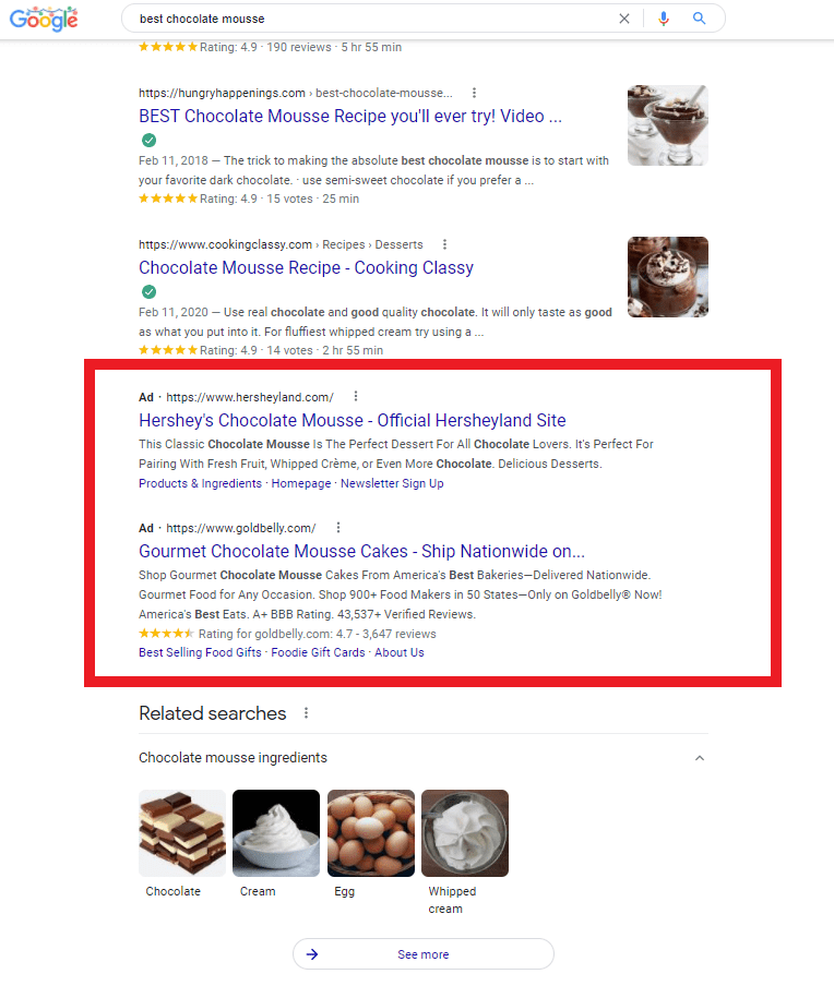 Google SERP for "best chocolate mousse," showing organic search results for recipes, ads for Hershey's and Goldbelly (highlighted with a red box), and related searches of "chocolate mousse ingredients" (including "chocolate," "cream," "egg," and "whipped cream").