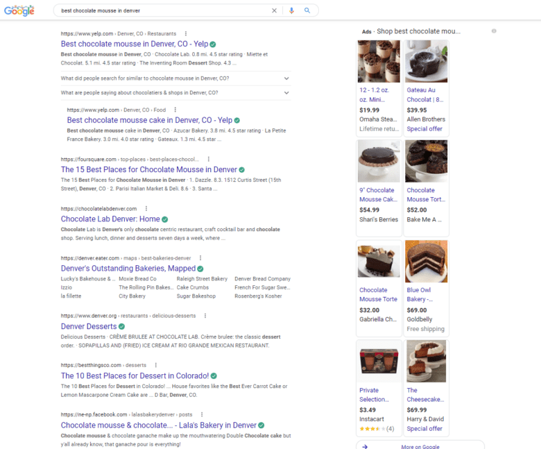 Google SERP for "best cocoa  mousse successful  Denver," showing Yelp and Foursquare integrated  results, section  Denver bakery results, and ads for transportation  mousse.