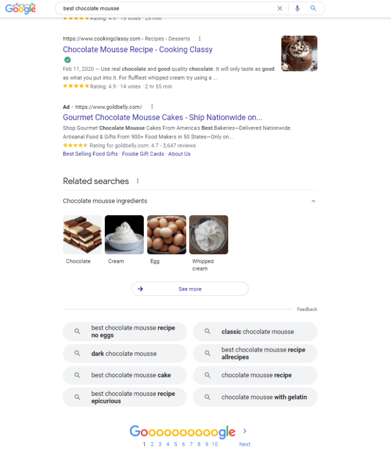 Google SERP result for "best chocolate mousse," showing organic recipe results, Goldbelly ad result, related searches for "chocolate mousse ingredients" ("chocolate," "cream," "egg," "whipped cream") and autosuggest search phrases.