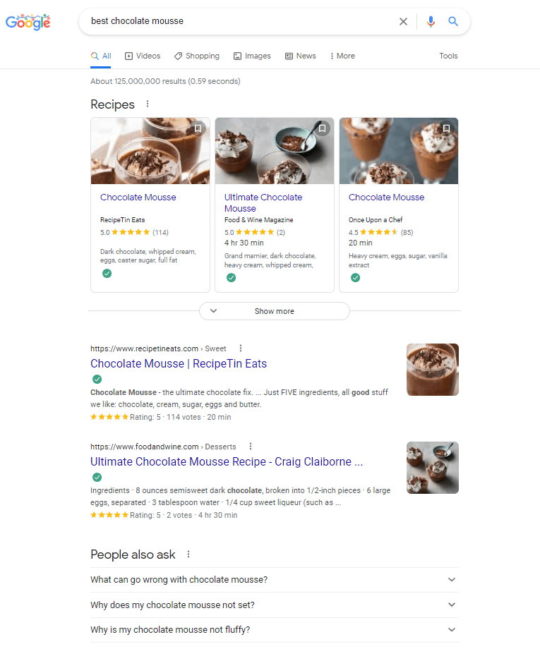 Google SERP for "best cocoa  mousse," including look    cards, apical  integrated  leafage   results, and "People Also Ask" section.