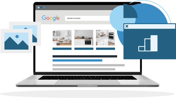 custom-ppc-campaigns Illustration of laptop, showing Google Ads results for