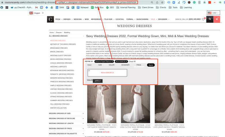 Wedding dress category page for CoutureCandy.com. Applied filters include "Adrianna Papell Platinum" and "Above $500." Filter choice is highlighted, with a red arrow pointing to the page URL parameter, which adds "?_+pf&pf_v_designer=Adrianna%20Papell%20Platinum&pf_p_price=500%3A."