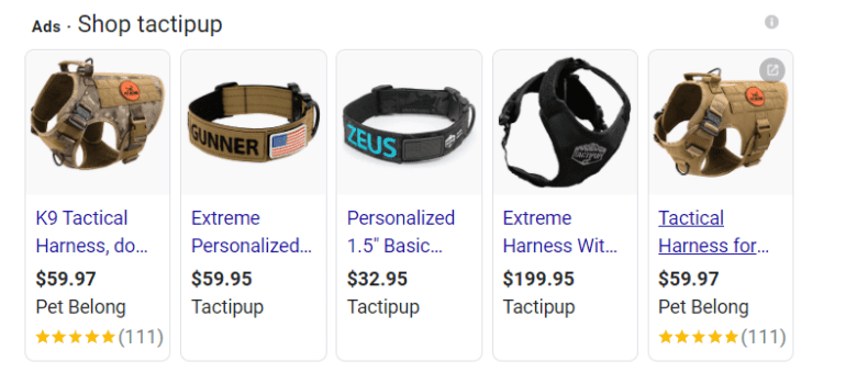 Google Shopping listings for Tactipup and competitor Pet Belong. Products include tactical harnesses and personalized tactical collars.