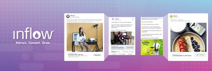 Screenshots of Vitrazza and Atrantil Facebook Ads. Logo: Inflow. Attract. Convert. Grow.