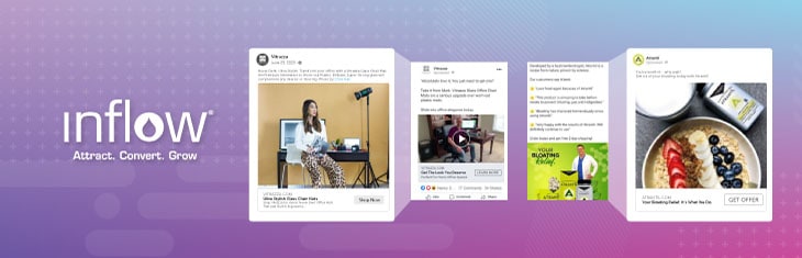 Screenshots of Vitrazza and Atrantil Facebook Ads. Logo: Inflow. Attract. Convert. Grow.