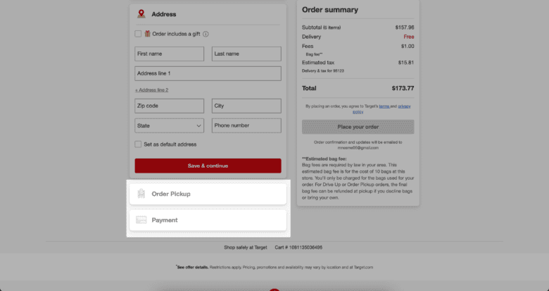 Target.com Checkout Page. Sections: Address. Order Pickup. Payment. Sections are designed in an accordion layout.