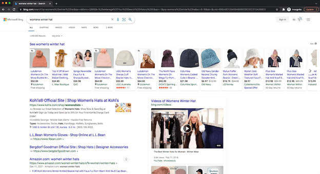 Microsoft Bing search results for women's winter hat. Shopping results display top of page, with text ads below and a video on the right side of the page.