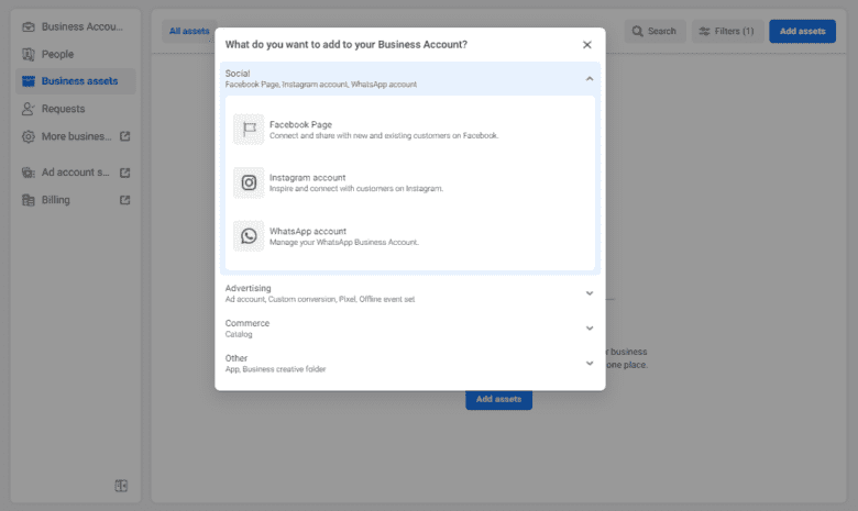 Facebook Business Manager Add Assets screenshot. Options include Facebook Page, Instagram Account, and WhatsApp Account.