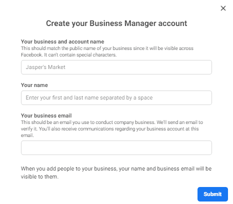 Facebook Business Manager Create Your Business Manager Account screenshot. Three textboxes: Your business and account name, your name, your business email.