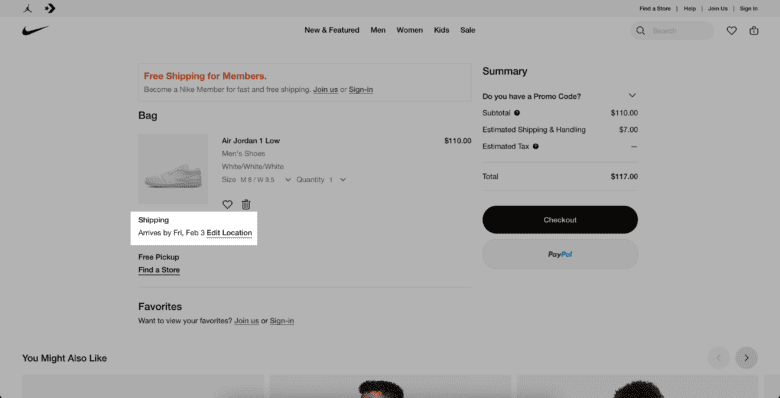 Nike.com shopping cart page. Highlighted: Shipping - Arrives by Friday, Feb. 3. Edit Location.