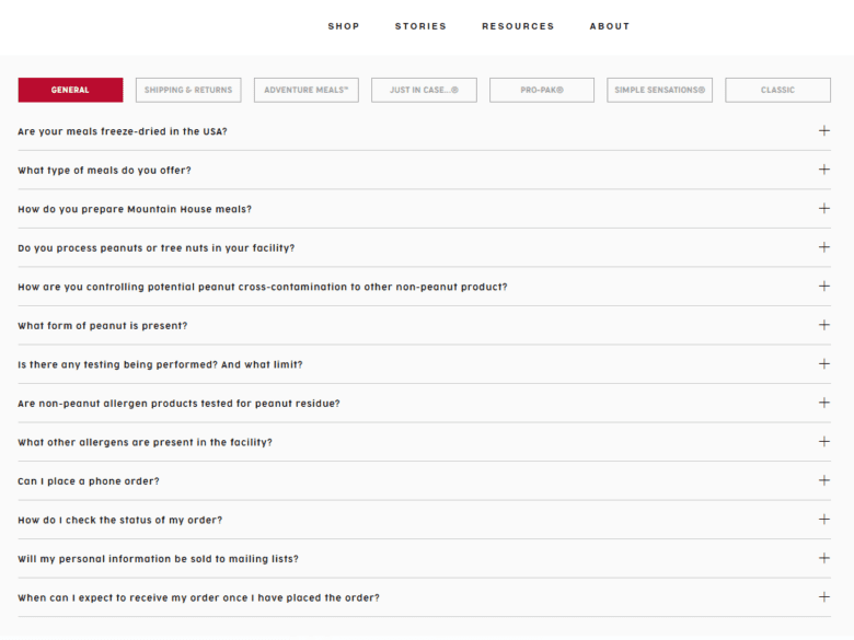 FAQ page from MountainHouse.com. Categories are General, Shipping & Returns, Adventure Meals, Just in Case, Pro-Pak, Simple Sensations, and Classic.