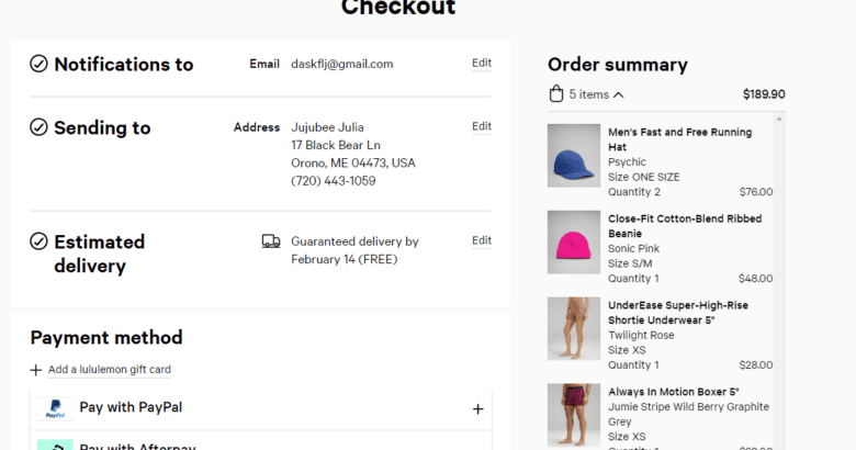 Lululemon checkout page. Sections: Notifications to. Sending to. Estimated Delivery. Payment Method. Right-side of screen: Order Summary, with products in cart and product details.