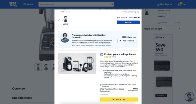 ecommerce cart BestBuy.com desktop add to cart design, with pop-up box appearing on product page with faded background.