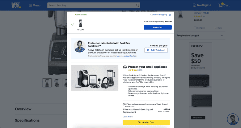 BestBuy.com desktop add to cart design, with pop-up box appearing on product page with faded background.