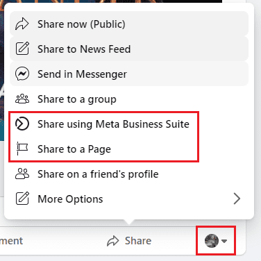 Facebook Share options, including Share now (Public), Share to News Feed, Send in Messenger, Share Using Meta Business Suite, Share to a Page, Share on a friend's profile, More options.