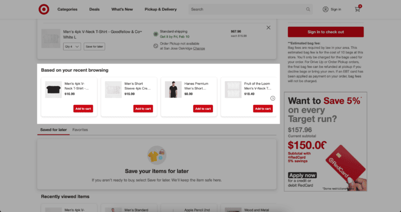 Target.com shopping cart page. Highlighted: Based on your recent browsing, product offerings to add to cart.