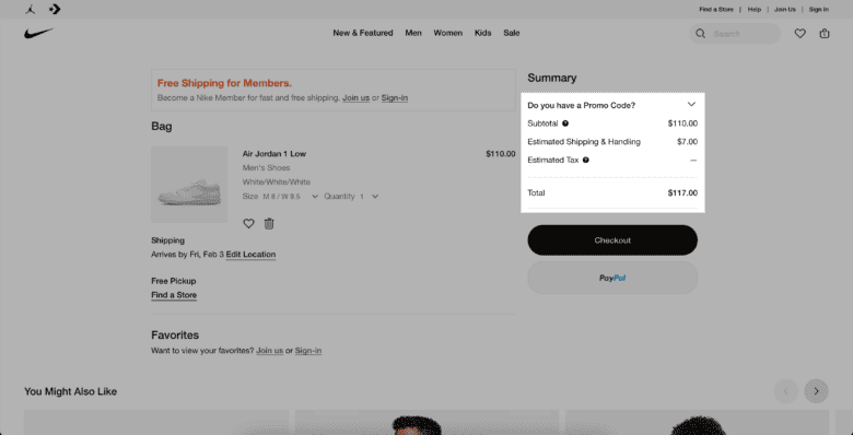 Nike.com shopping cart page. Highlighted: Do you have a promo code? Subtotal: $110.00. Estimated Shipping and Handling: $7.00. Estimated tax. Total: $117.00.