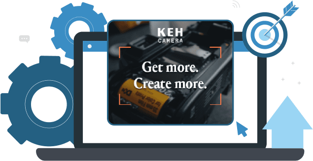 custom-ppc-campaigns Illustration of laptop screen, with KEH display ad. Caption: Get more. Create more.