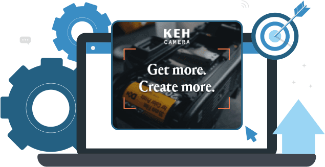 Illustration of laptop screen, with KEH display ad. Caption: Get more. Create more.