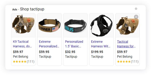 Google Shopping listings for Tactipup and competitor Pet Belong. Products include tactical harnesses and personalized tactical collars.