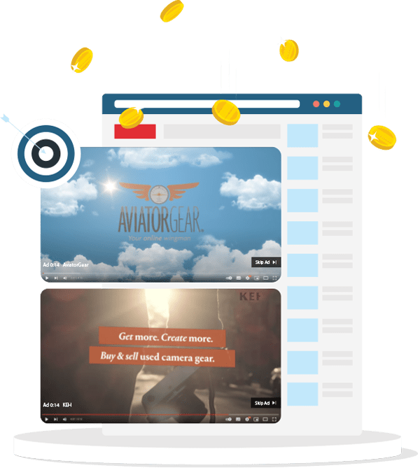 Illustration of webpage, showing screenshots of AviatorGear and KEH video ads.