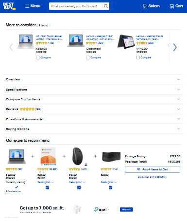 BestBuy.com product page mobile layout. Sections: Overview. Specifications. Compare Similar Items. Reviews. Questions and Answers. Buying Options. All sections are collapsed in an accordion-style menu.