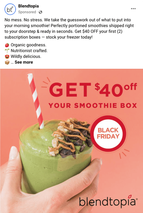 Blendtopia Facebook Ad, with image of green smoothie and caption 