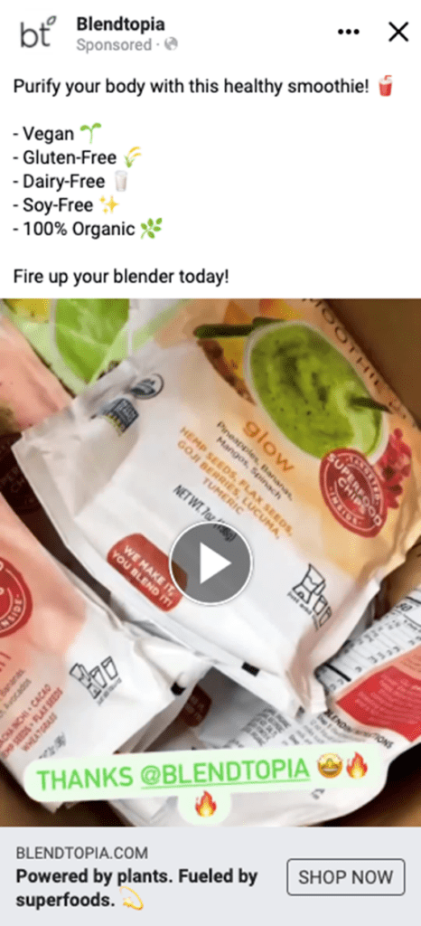 Blendtopia Facebook Ad, with video of a customer unboxing their packages. Caption: Thanks Blendtopia.