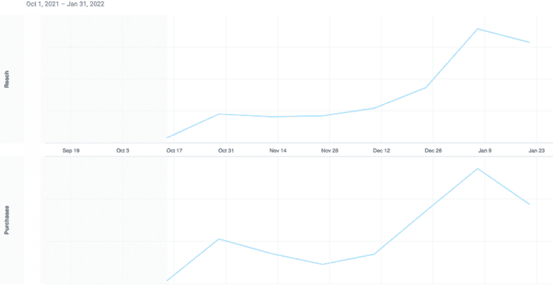 Two line graphs from Oct. 1, 2021 to Jan. 31, 2022. The reach graph increases steadily from Oct. 17 to Jan. 9, with a slight decrease until Jan. 23. The cost per purchase graph grows from Oct. 17 to Oct. 31, decreases slightly until Nov. 28, steadily grows until Jan. 9, and then decreases slightly until Jan. 23.