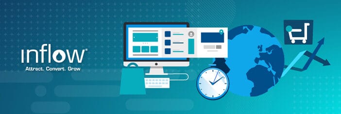 Illustration of monitor screen showing eCommerce website. To the right is an illustration of a clock and a globe. Logo: Inflow. Attract. Convert. Grow.