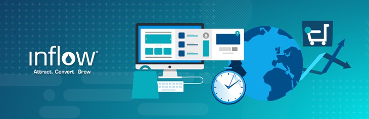 Illustration of monitor screen showing eCommerce website. To the right is an illustration of a clock and a globe. Logo: Inflow. Attract. Convert. Grow.
